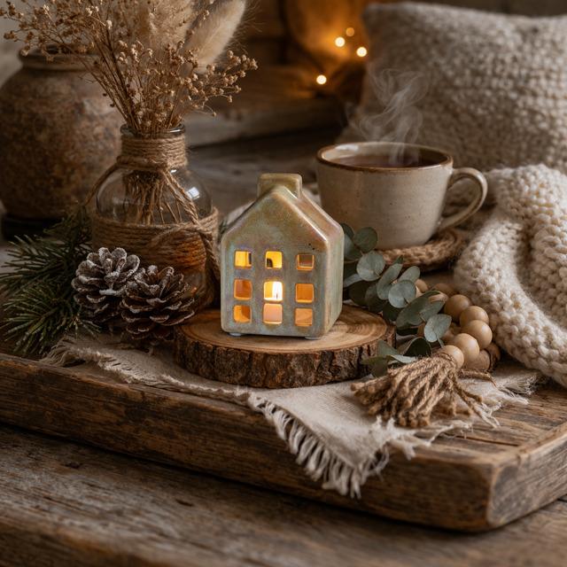 Theelicht huisje beige. afbeelding 0